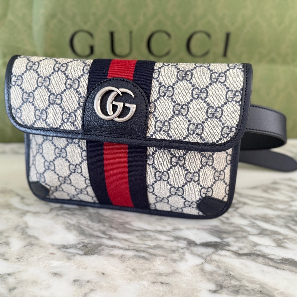 Gucci Ophidia GG Supreme Belt Bag Blue‎ Red Web Stripe Silver 674081 size 90